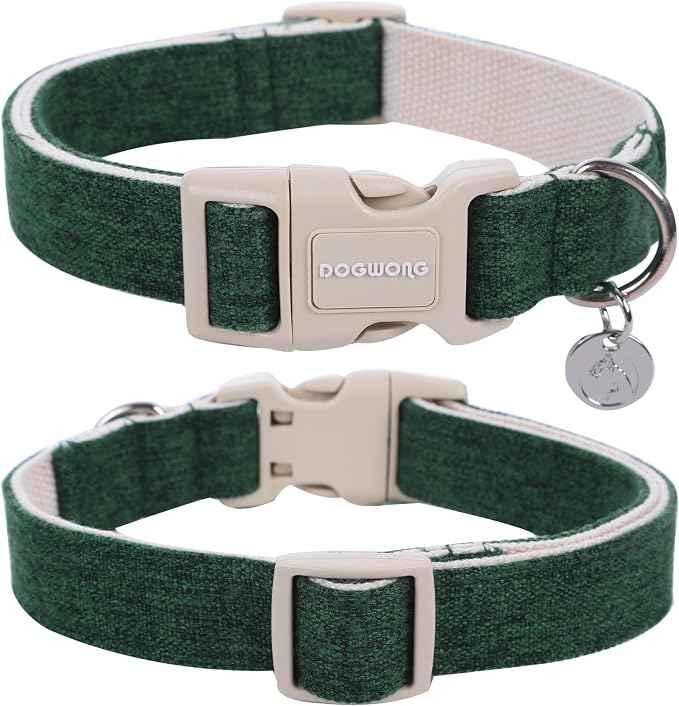 DOGWONG Cotton Hemp Dog Collar, Heavy-Duty Christmas Green Dog Collar