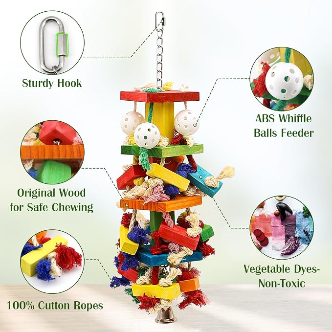 Bird Toys for Parrots, Parakeet Toys Natural Woode Parrot Toy for Large Medium - Image 3
