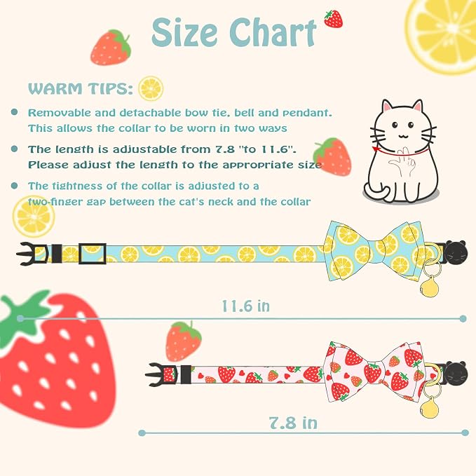 Breakaway Cat Collar with Cute Bow Tie Bell 2Pack Lemon Strawberry Summer - Image 2