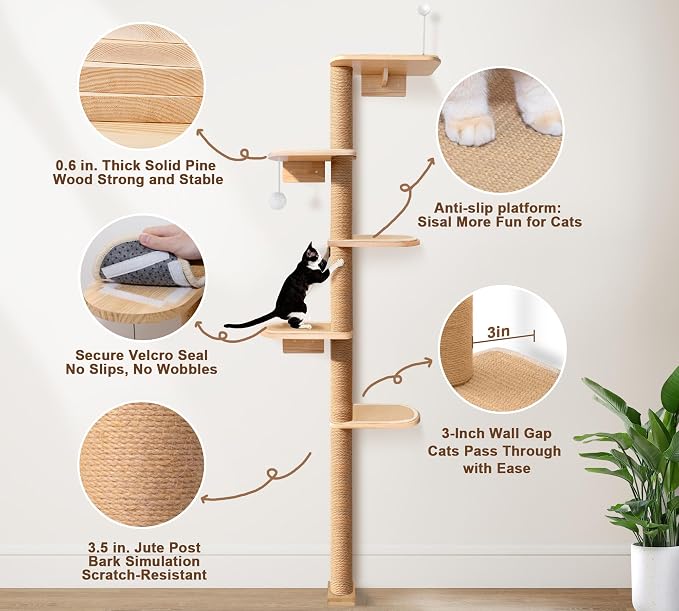 Wild Simulation Cat Tree for Kittens, 5-Level Floor to Ceiling Cat Wall Shelves - Image 2