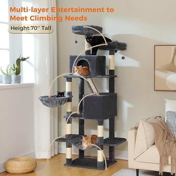 70.8" Tall Cat Tree for Large Cats, 2 Top Perches, Big Condo, Large Hammock - Image 2