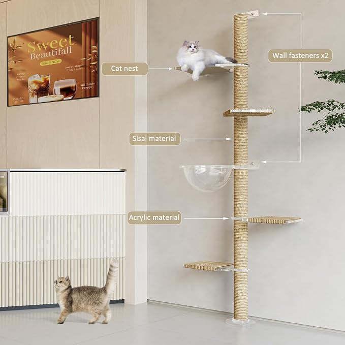 Floor to Ceiling Cat Tree, Acrylic Top Support PlateTall Cat Tower Natural - Image 4