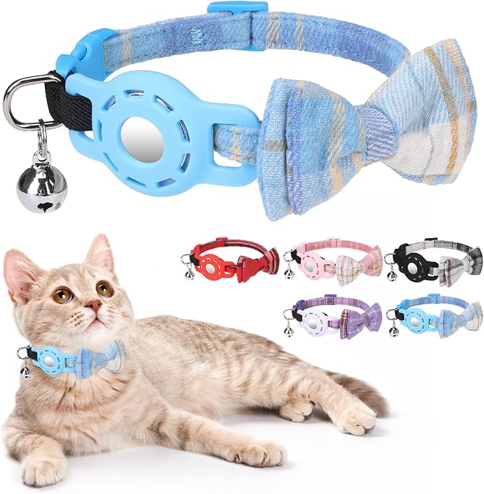 Airtag Cat Collar with Bells and Bowtie -Safety Elastic Band Kitten Collar by DILLYBUD