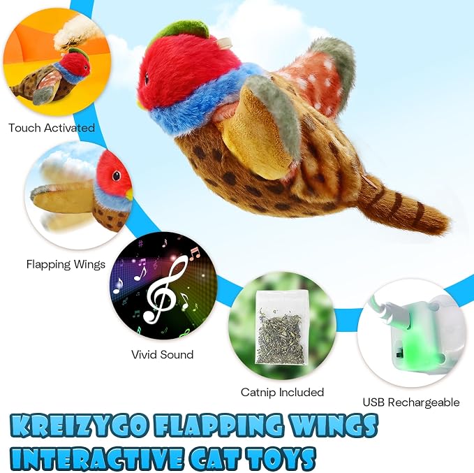 Cat Toys, Flapping Wings Pheasant, No Flying, Chirping Bird Interactive Catnip - Image 2