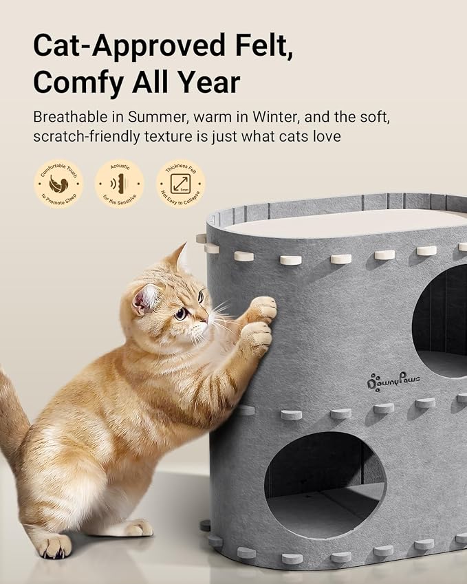 DownyPaws Cat House for Indoor Cats, 2-Storey Foldable Cat Bed Cave, Felt Cats - Image 4
