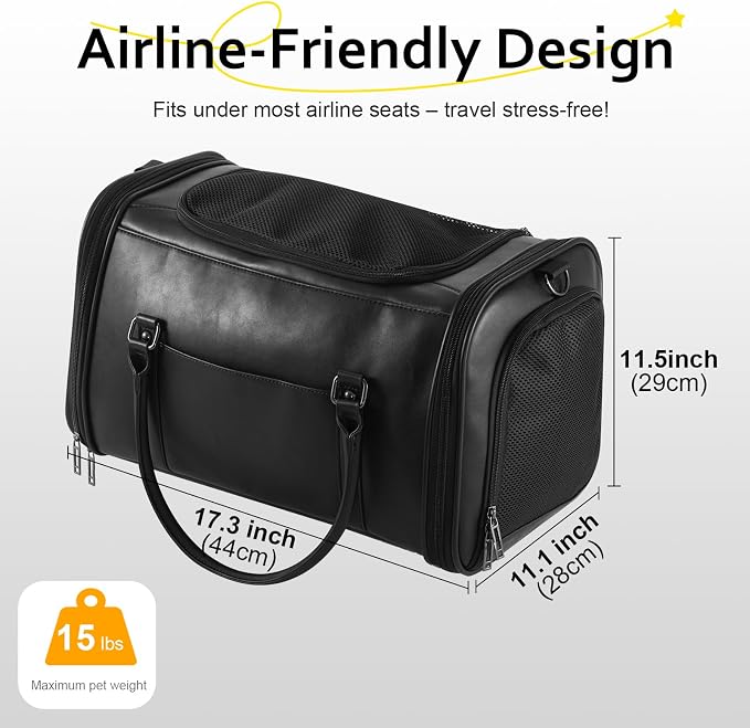 Stylish Leather Pet Carrier for Small Dogs and Cats Up to 15 lbs, Airline - Image 2
