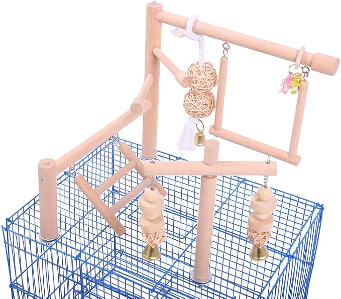 QBLEEV Bird Cage Play Stand Toy Set-Birdcage Wood Stands Hanging Chew Toys by QBLEEV