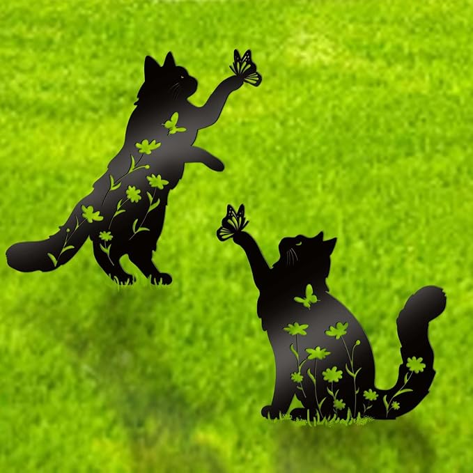 Bnesi Floral Long-Haired Cat Yard Decor Pet Grave Markers Metal Sign Silhouette by Bnesi