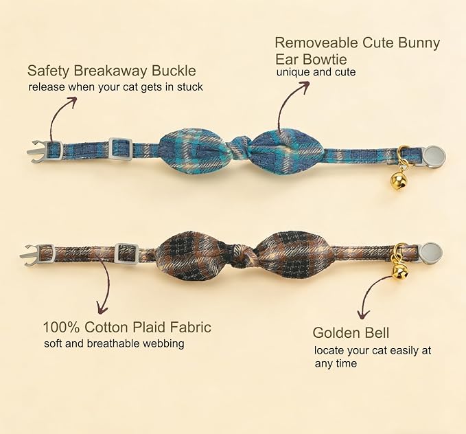Cotton Bowtie Cat Collar with Bell 2 Pack Plaid Breakaway Kitten Collars with - Image 2