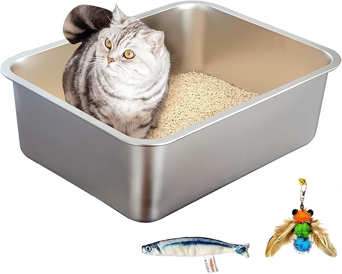 Stainless Steel Cat Litter Box Set, Includes Catnip Fish Toy & Wand Feather Toy - Image 6