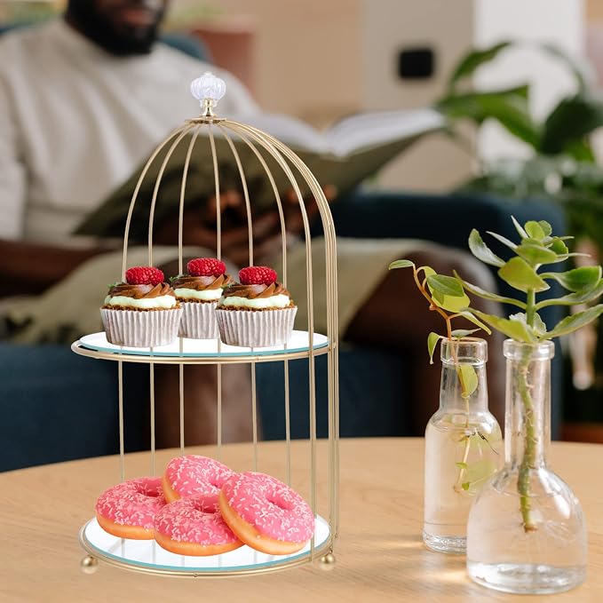 DOITOOL Gold Metal Cupcake Stand Bird Cage Dessert Stand, 2 Tier Dessert - Image 2