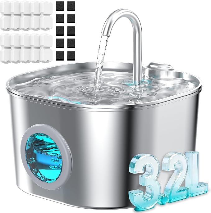 Stainless Steel Cat Water Fountain: 108oz/3.2L Pet Water Fountains Cat Watering by HOOISE