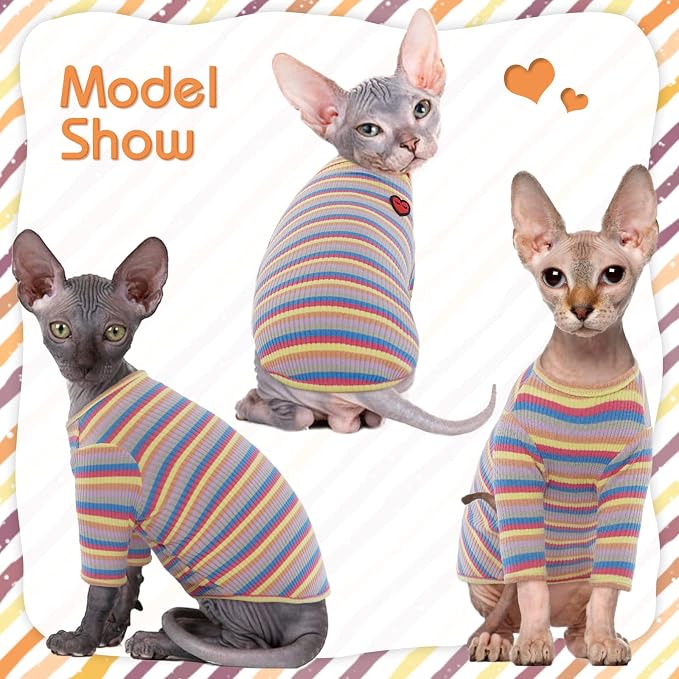 DENTRUN Hairless Cats Shirt Breathable Cat Daily Wear Clothes Stripe Vest - Image 3