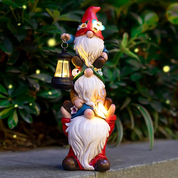 Garden Gnome Statue with Solar Lights Garden Sculptures Funny Triple Gnome by Twinbling