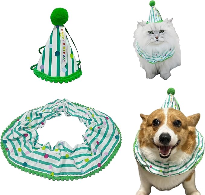 Cat Dog Birthday Bandana Scarf and Party Hat Cute Polka dot and Stripe Bib by ROHOME