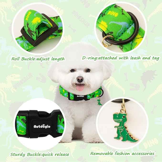 Dinosaur Dog Collar，Green with Multicolor Dino Pattern Handmade Cotton Collar