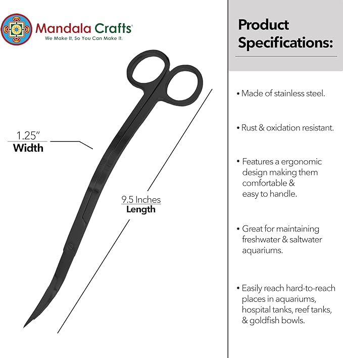 Mandala Crafts Extra Long Black Stainless Steel Curved Aquarium Scissors - Image 3