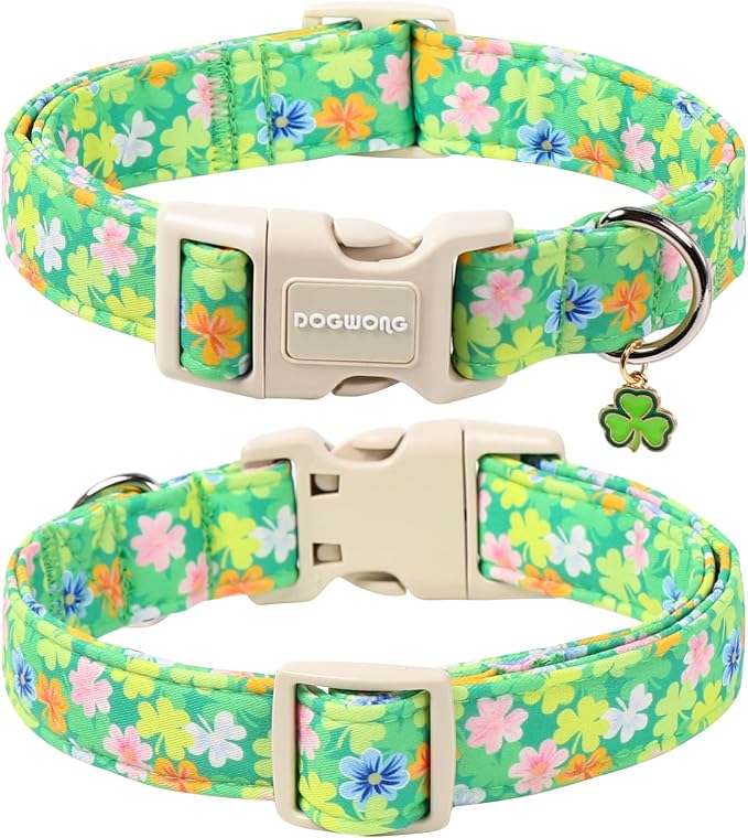 DOGWONG St. Patrick Dog Collar, Comfortable Adjustable Green Clover Pattern Dog - Image 2