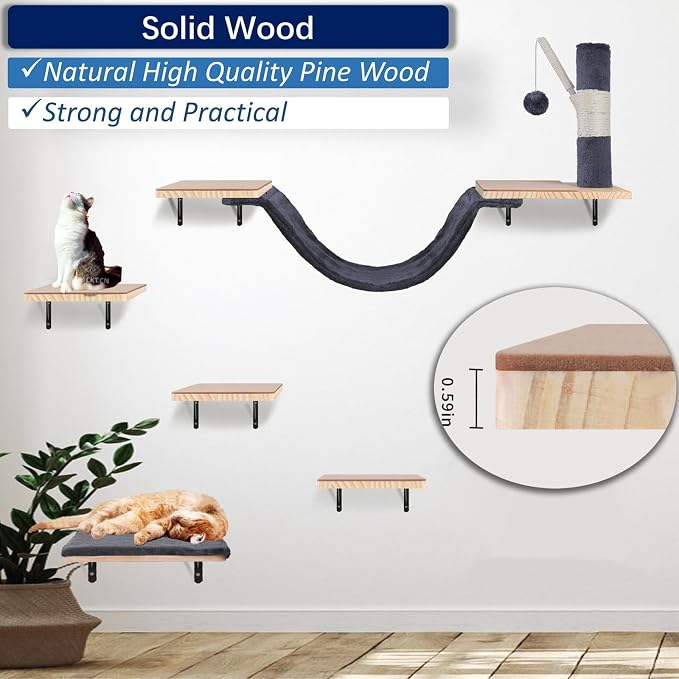 Cat Wall Shelves, Solid Wood Cat Wall Furniture Set, - Image 2