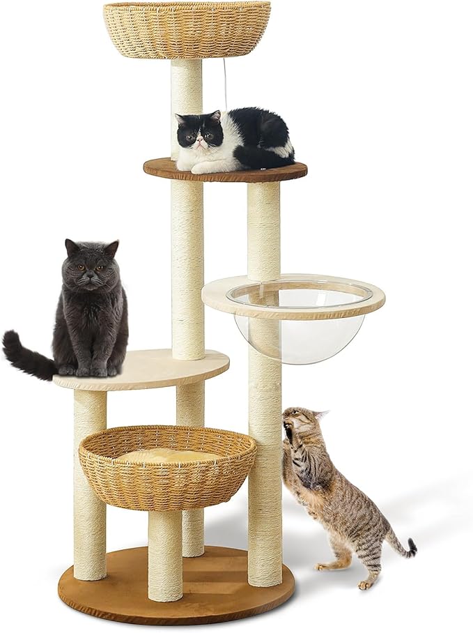 Modern Cat Tree Tower for Large Cats, Real Natural Sisal Luxury Cat Condo by Hiyong