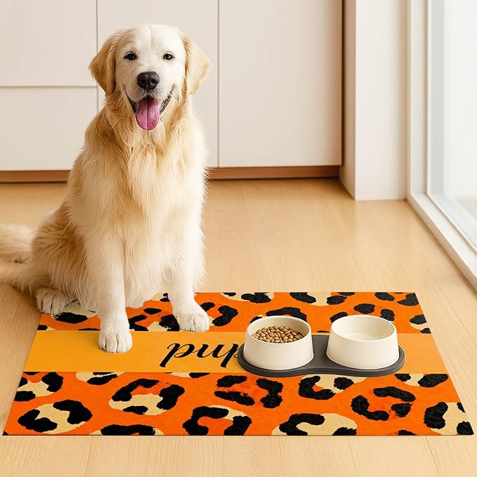 Puppy Feeding Mat 20x12 inch Orange Leopard Print Dog Bowl Placemat Non Slip Mat - Image 3
