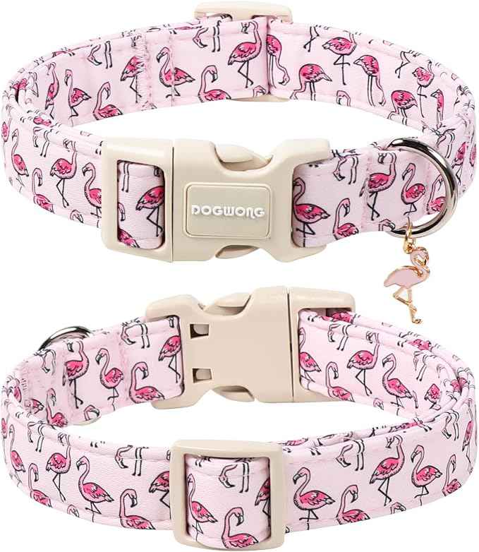 DOGWONG Cute Pet Dog Collar Pink Flamingos Cotton Dog Collar- Soft Girl Puppy