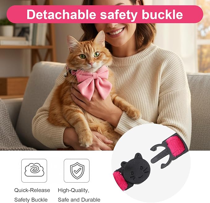 2 Pcs Pink Cat Collar with Bow Bells Breakaway Cat Bowtie Collar with Bell - Image 7