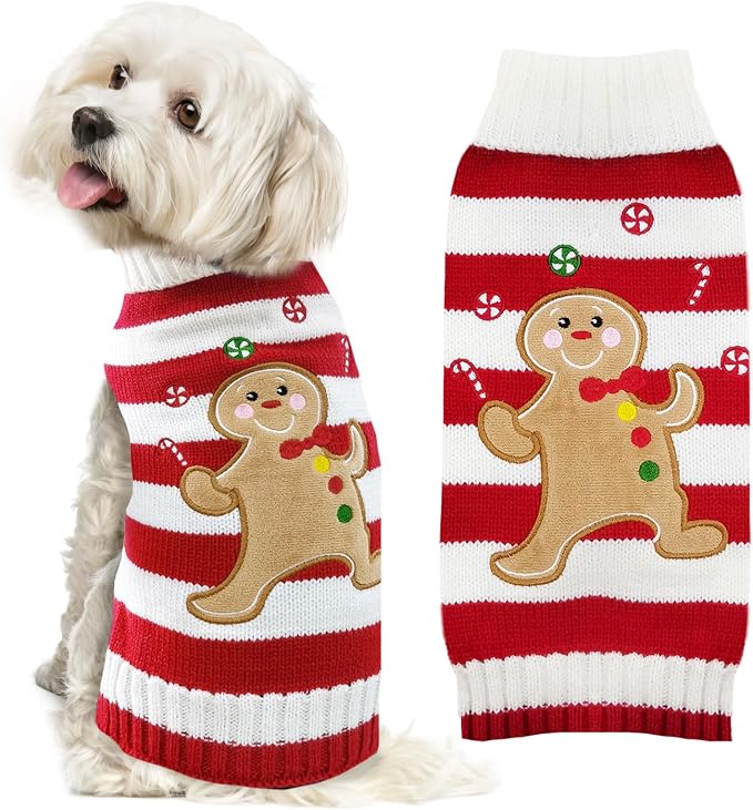 Dog Christmas Sweater Xmas Pet Clothes Cute Striped Gingerbread Man Costume by DOGGYZSTYLE
