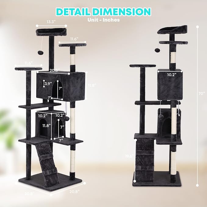 FDW | 70" Cat Tree Tower | Dark Gray | Multi-Level Indoor Activity Center - Image 7