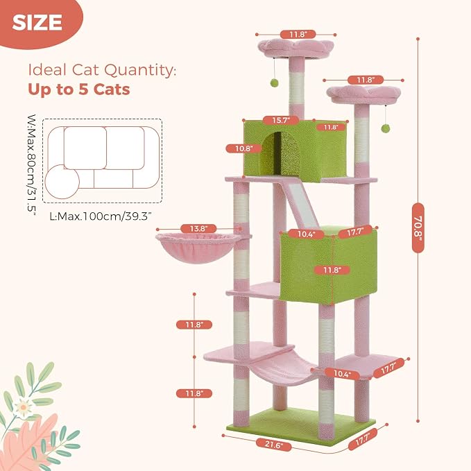 Flower Cat Tree Tall 70.8" for Adult Indoor Cats, 8-Levels Large Cat Tower - Image 7