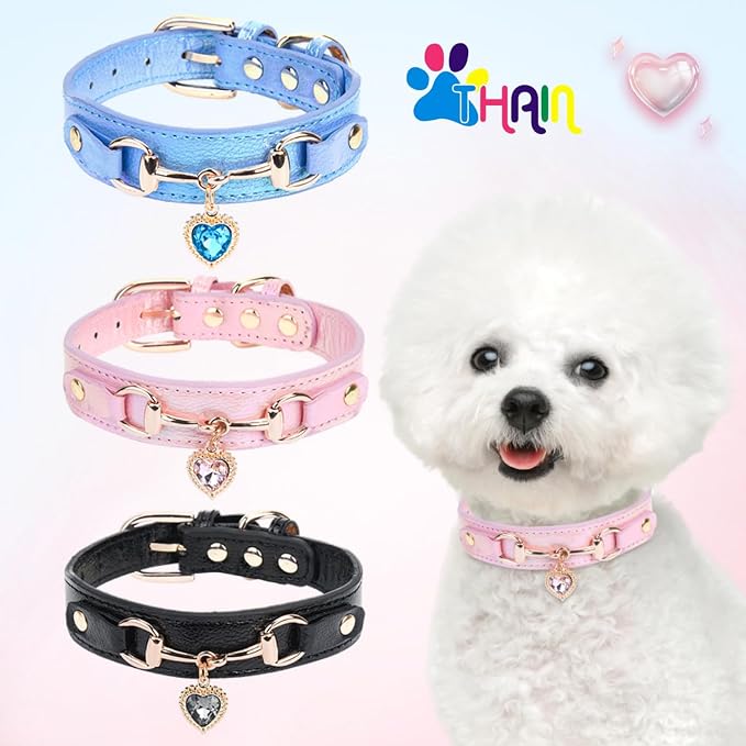 THAIN Fashion Dog Collar with Bling Diamonds & Heart Charm – 5 Holes Adjustable - Image 5