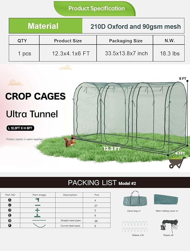 Poray Large 12.3X4FT Tunnel Plant Netting Cover, 6FT Tall Crop Cage Tomato - Image 2