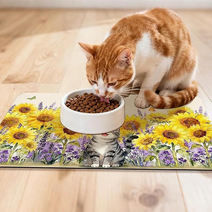 Dog Food Mat for Pet Cat Food Mat, Sunflower Absorbent Quick Dry Dog Bowl Mats - Image 3