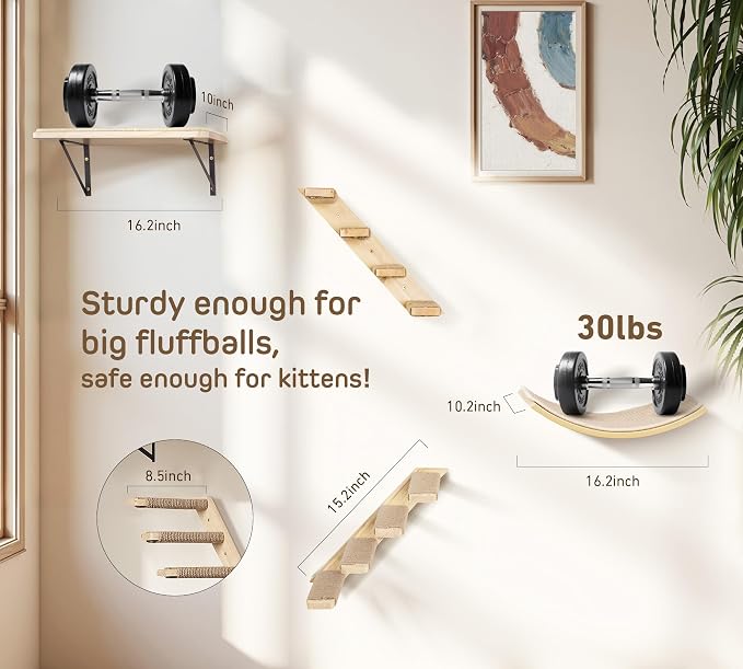 Cat Wall Shelves Set with Sisal Cats Stairs, 4 Piece Wooden Climbing Furniture - Image 5