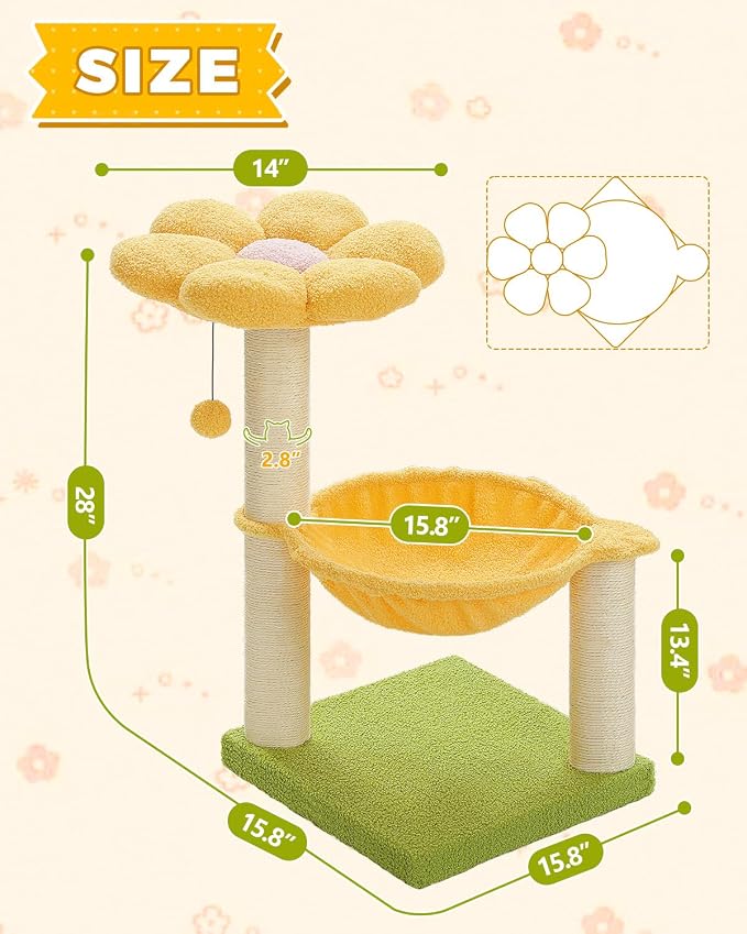 28" Flower Cat Tree Cute with Flower Top Perch, Large Hammock - Image 7