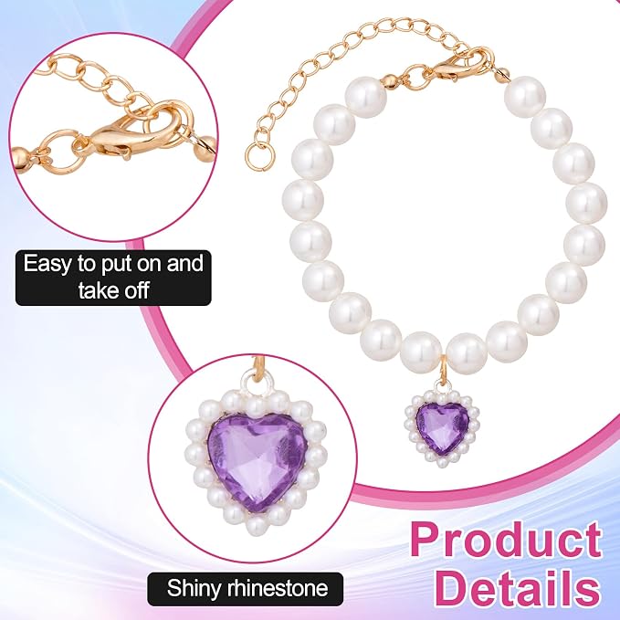 2pcs Cat Dog Pearl Collar, Small Heart Shape Rhinestone Pet Necklace, - Image 3