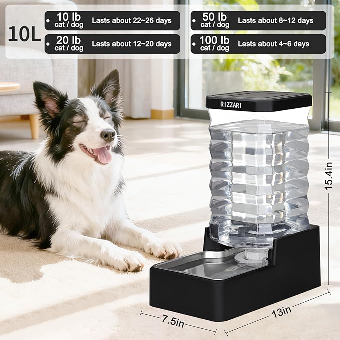 RIZZARI Stainless Steel Pet Water Dispenser: 10L Large Gravity Waterer - Image 2