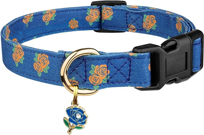 Cotton Handmade Dog Collar Cute and Distinctive Patterns Blue Rose by Fyeqyaou