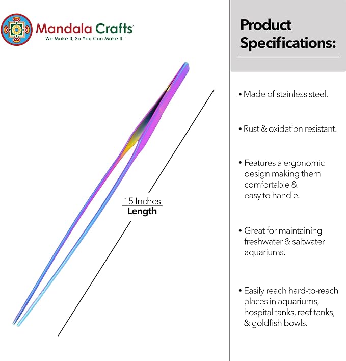 Mandala Crafts 15 Inches Rainbow Stainless Steel Straight Aquarium Tweezers - Image 3