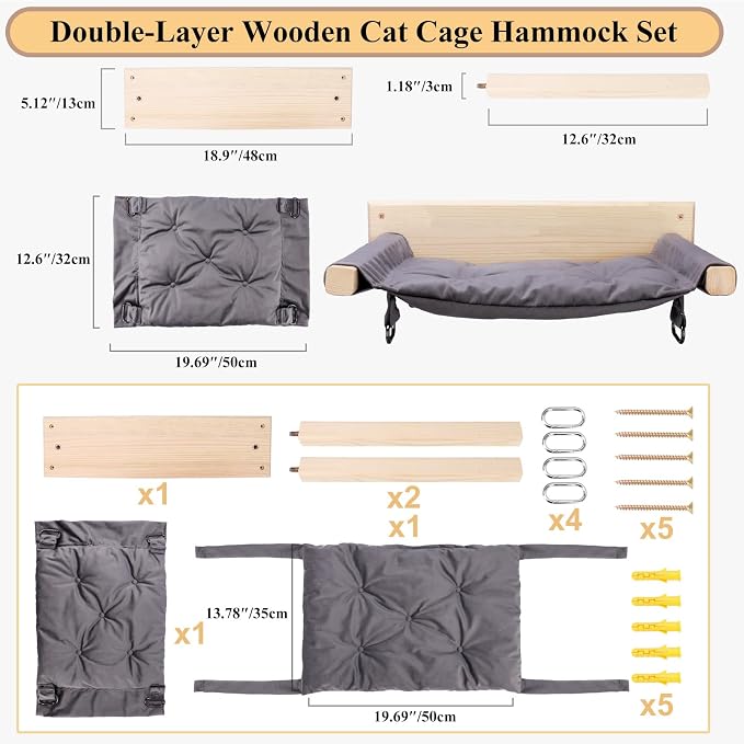 JSPYFITS Wooden Cat Wall Hammock, 18.9 x 12.6 Inch Double Layer Cat Furniture - Image 7