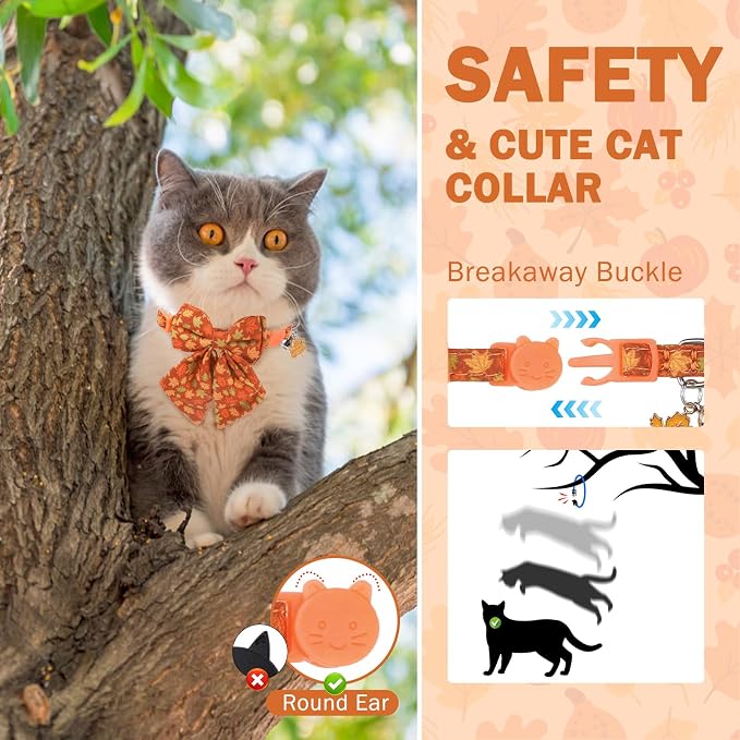 SCENEREAL Fall Cat Collar with Bell & Stylish Bowtie, Turkey Maple Leaf Pattern - Image 5