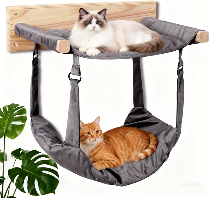 JSPYFITS Wooden Cat Wall Hammock, 18.9 x 12.6 Inch Double Layer Cat Furniture by JSPYFITS