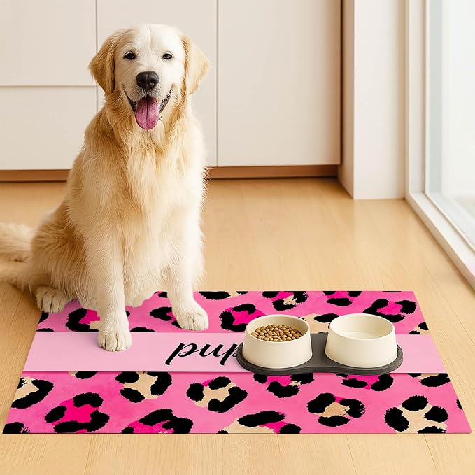 Puppy Feeding Mat 20x12 inch Pink Leopard Print Dog Bowl Placemat Non Slip Mat - Image 3