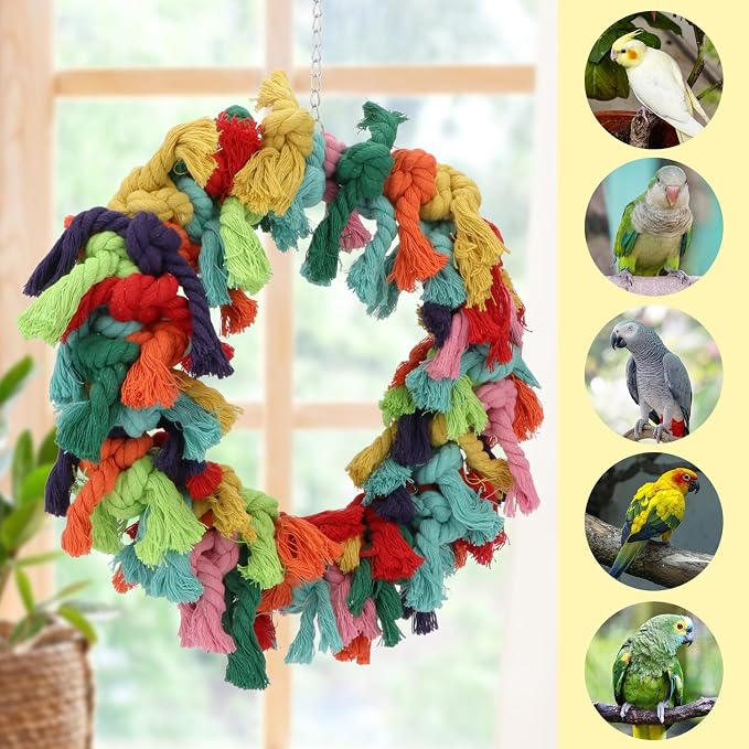 Bird Colorful Cotton Rope Hanging Ring Parrot Preening Grooming Chew Climb - Image 4