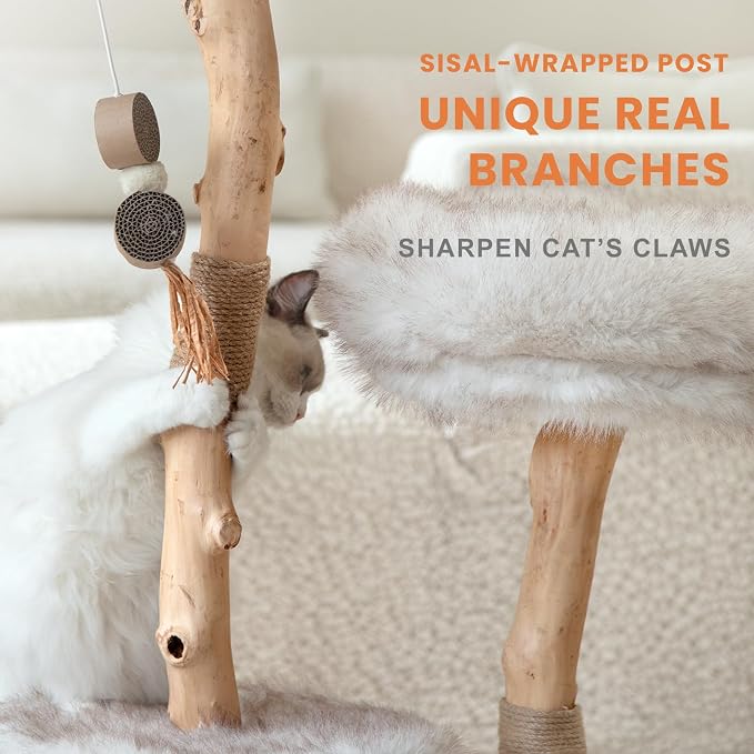 Cat Tree Tower with Two Real Branches, 44 INCH Wood Modern Cat Tower with - Image 3