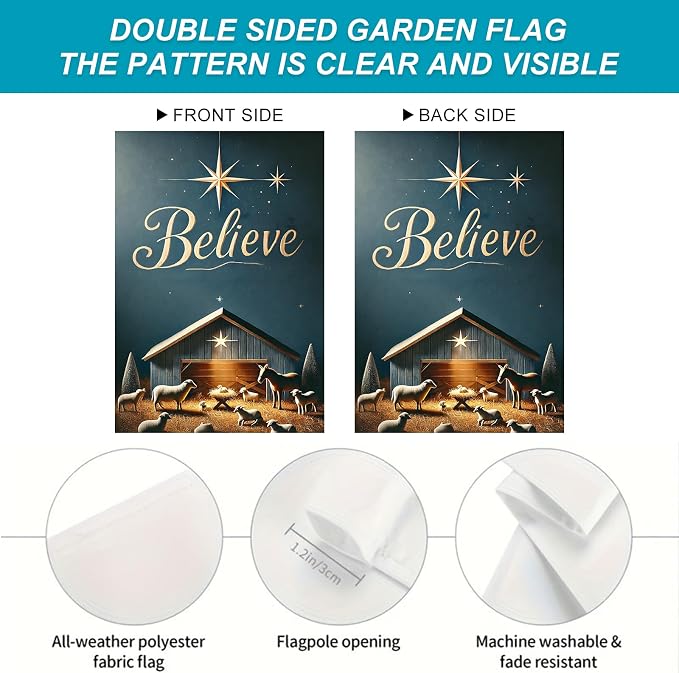 Christmas Nativity Garden Flag 12x18 Double Sided Believe Starry Night Stable - Image 4