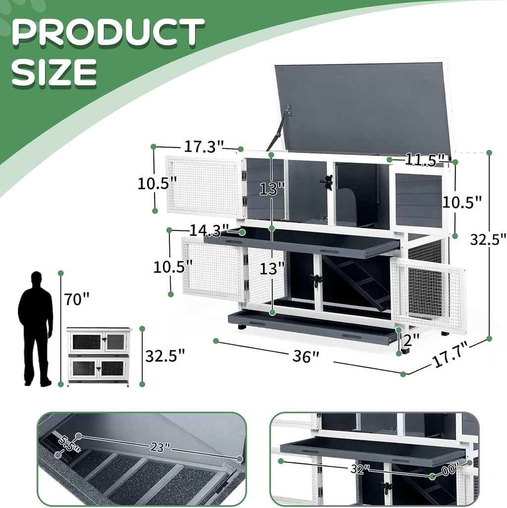 2-Story Solid Wood Rabbit Hutch with 2 Main Rooms, Grey - GlobalHabitat Supply