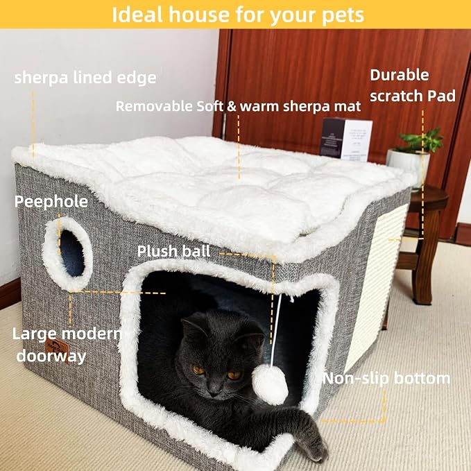 Cat Bed for Indoor Cats, Covered Cat Cave House & Furniture - Image 2