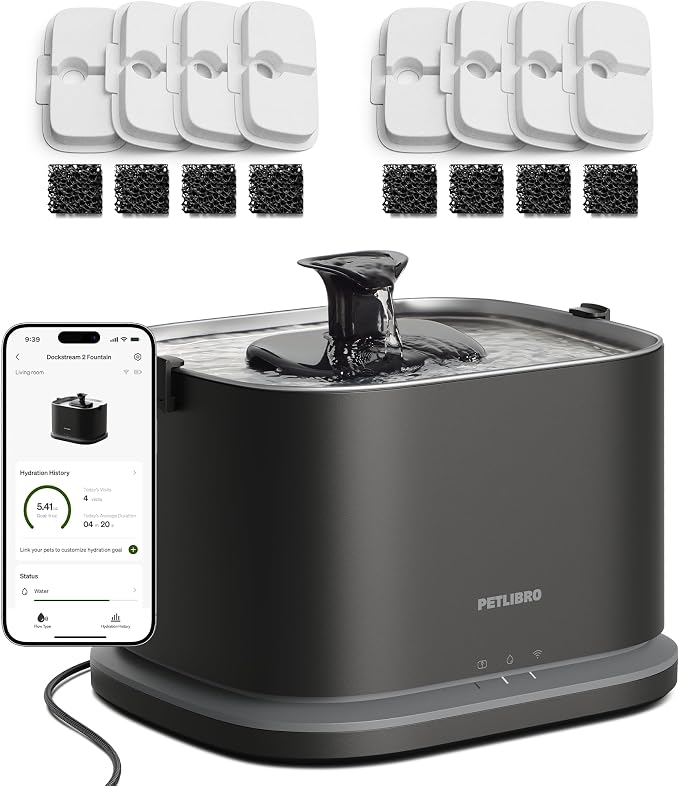 PETLIBRO Upgrade Cat Water Fountain + 8 Packs Filters, Dockstream 2 Smart App by PETLIBRO