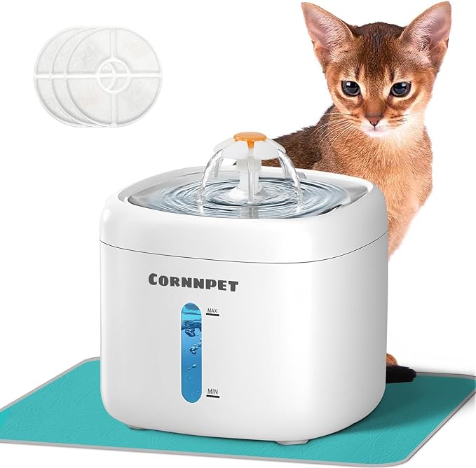 Cat Water Fountain 2.2L with 3 Filters and 1 Mat, Dual Flow Modes Dog Water by CORNNPET